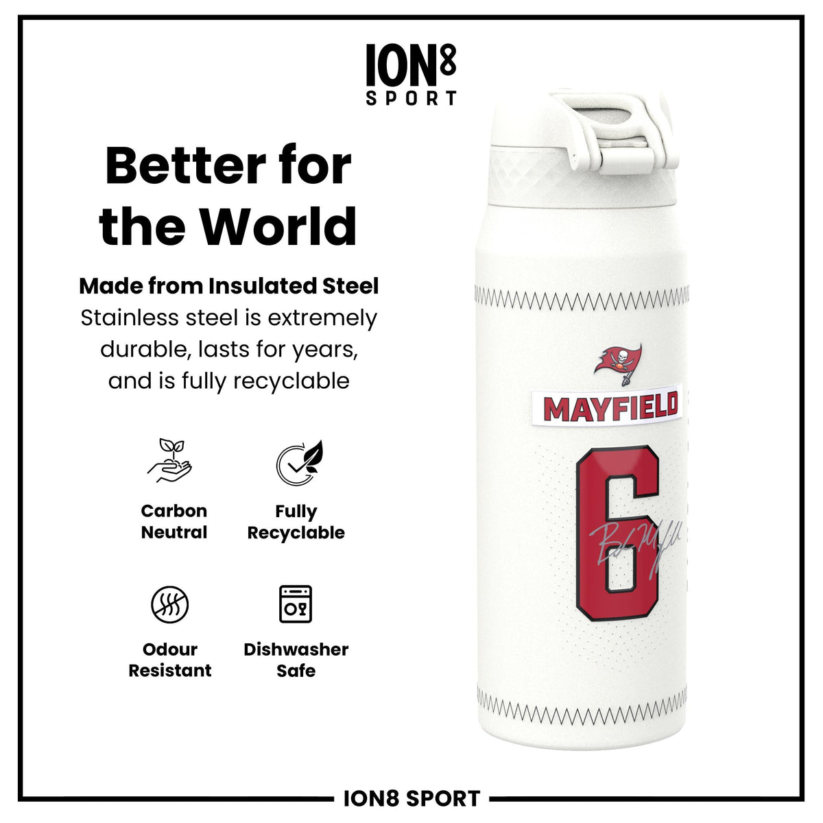 NFL x Ion8 Sports, Insulated Bottle, GameDay Series, Mayfield Buccaneers, 750ml (24oz)