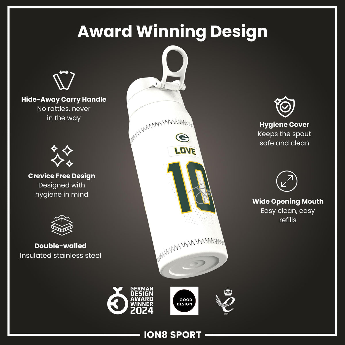 NFL x Ion8 Sports, Insulated Bottle, GameDay Series, Love Packers, 750ml (24oz)
