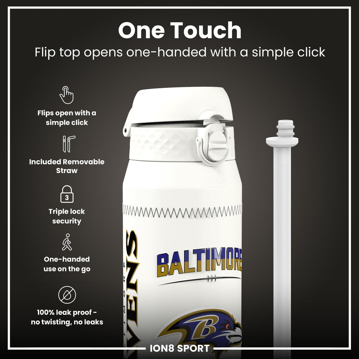 NFL x Ion8 Sports, Insulated Bottle, GameDay Series, Lamar Ravens, 750ml (24oz)
