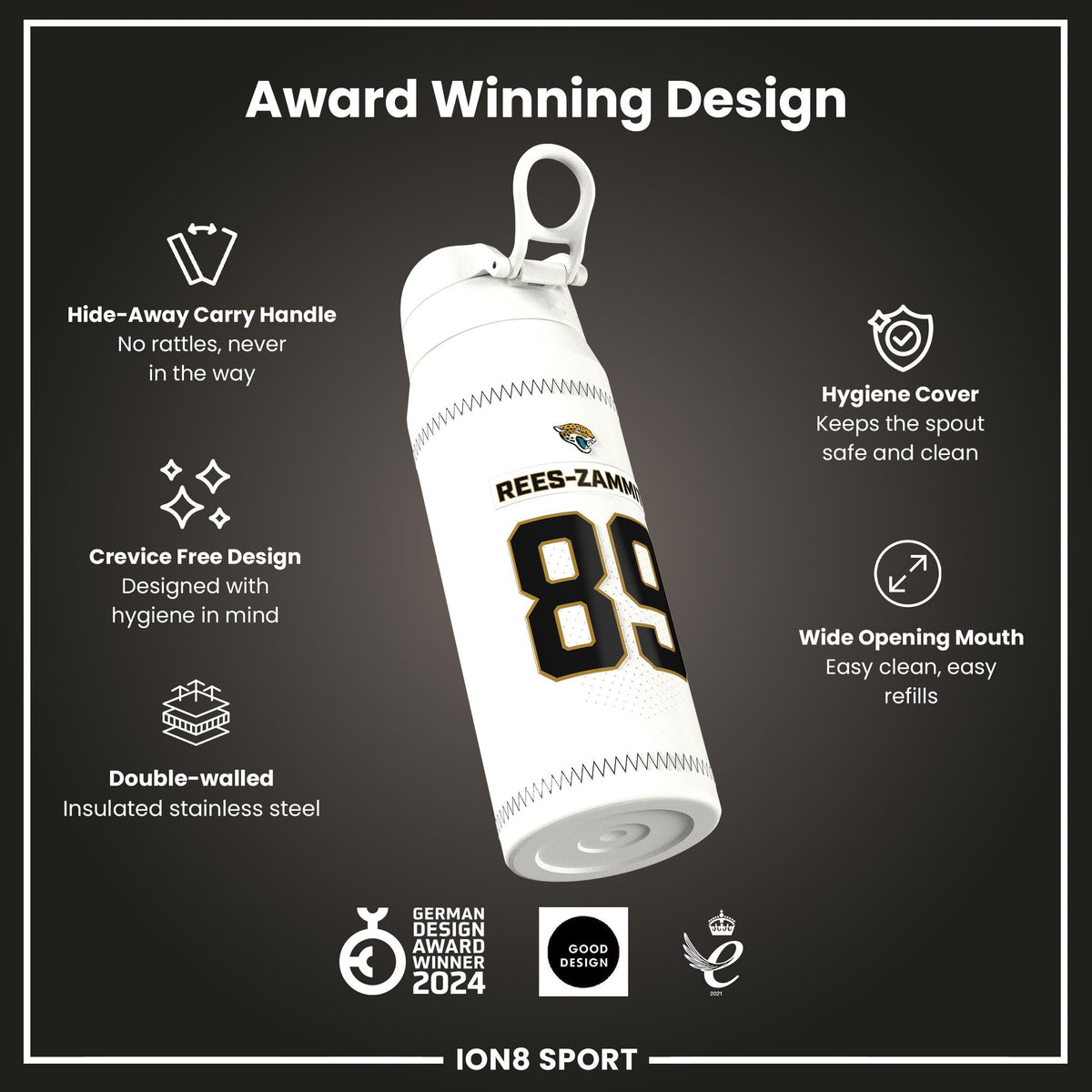 NFL x Ion8 Sports, Insulated Bottle, GameDay Series, Zammit Jaguars, 750ml (24oz)