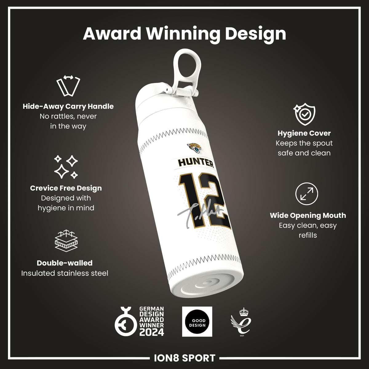 NFL x Ion8 Sports, Insulated Bottle, GameDay Series, Hunter Jaguars, 750ml (24oz)