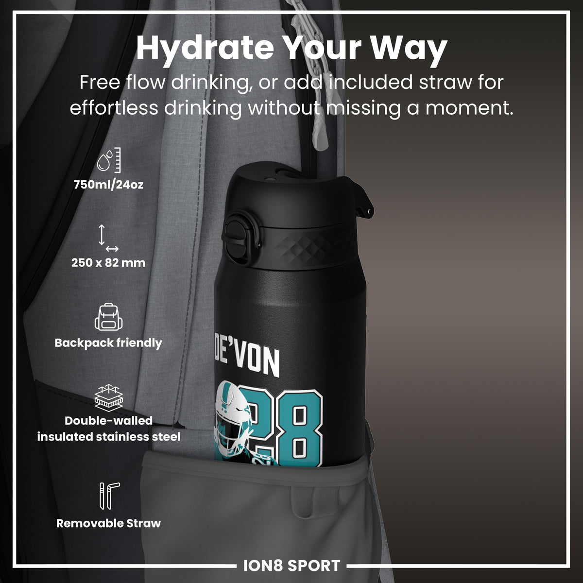 NFLPA x ION8, Insulated Bottle, Locked In Series, De'von Achane, 750ml (24oz)