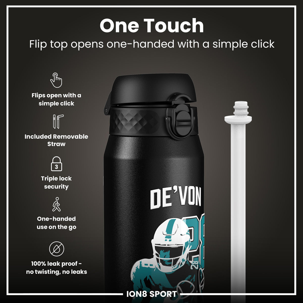 NFLPA x ION8, Insulated Bottle, Locked In Series, De'von Achane, 750ml (24oz)