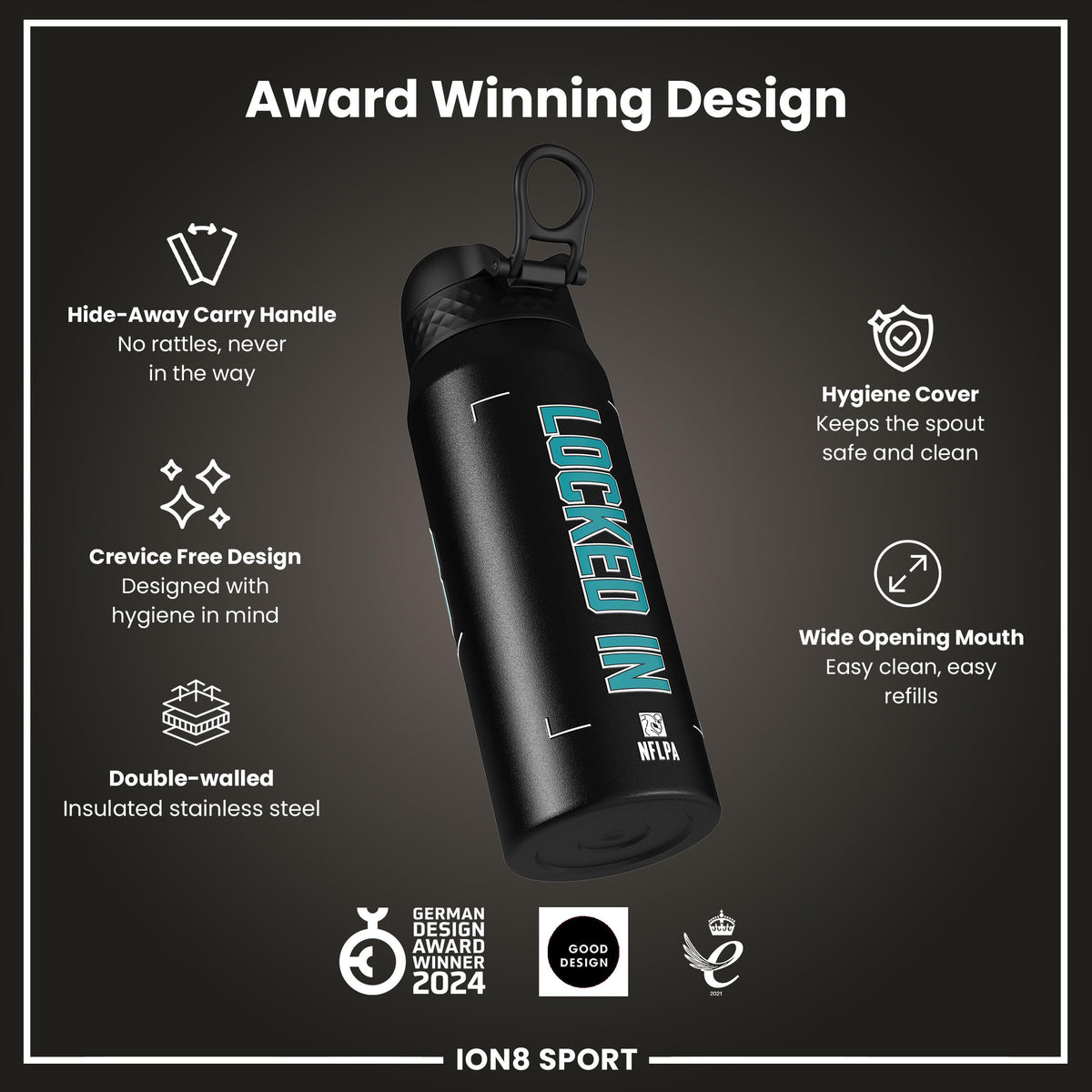 NFLPA x ION8, Insulated Bottle, Locked In Series, De'von Achane, 750ml (24oz)