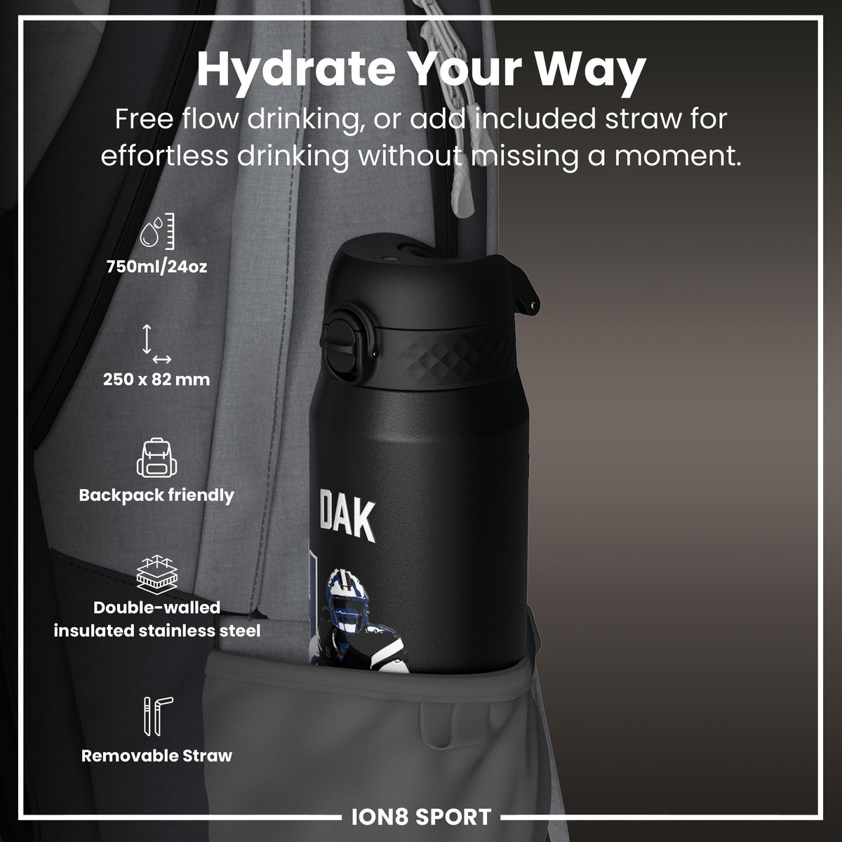 NFLPA x ION8, Insulated Bottle, Locked In Series, Dak Prescott, 750ml (24oz)