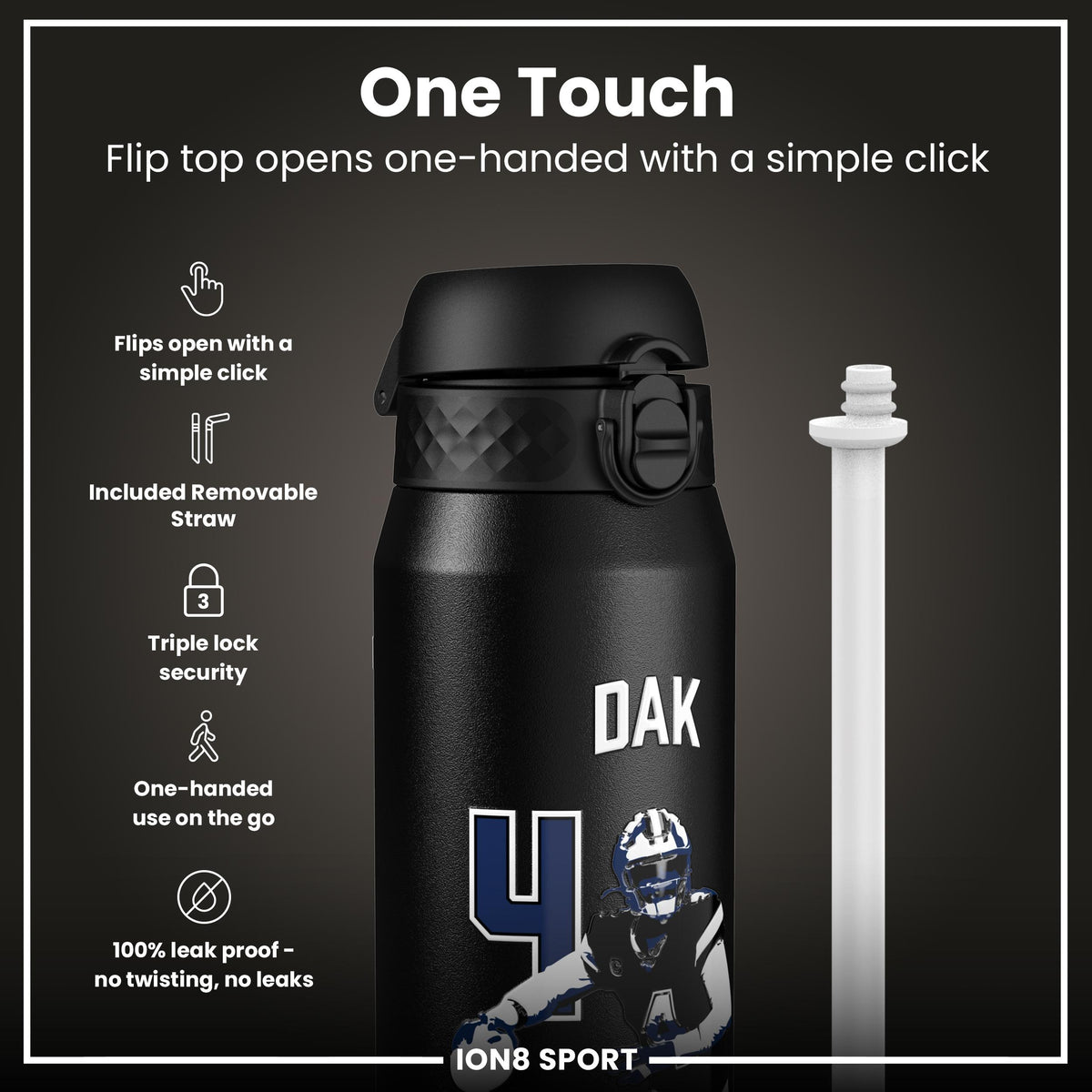 NFLPA x ION8, Insulated Bottle, Locked In Series, Dak Prescott, 750ml (24oz)