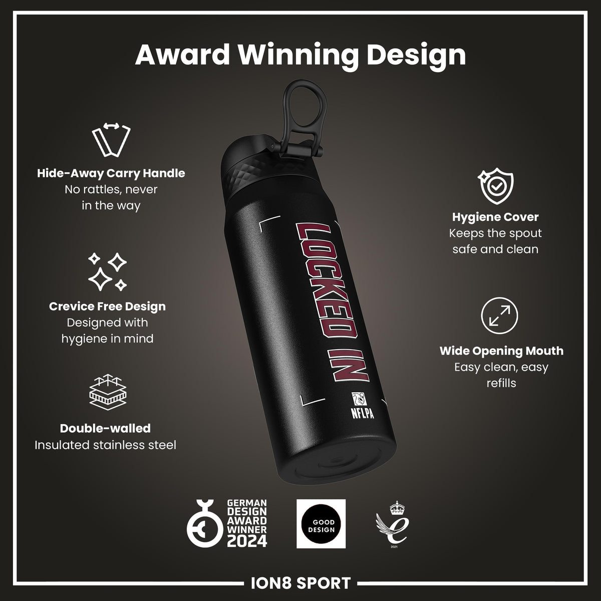 NFLPA x ION8, Insulated Bottle, Locked In Series, Jayden Daniels, 750ml (24oz)