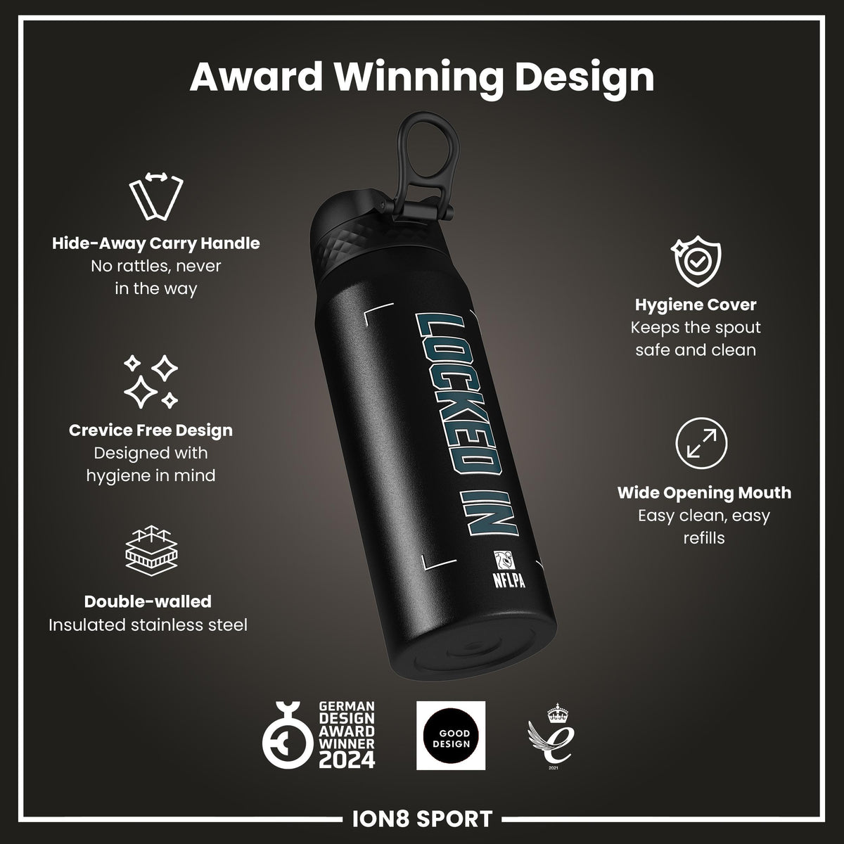 NFLPA x ION8, Insulated Bottle, Locked In Series, Jalen Hurts, 750ml (24oz)