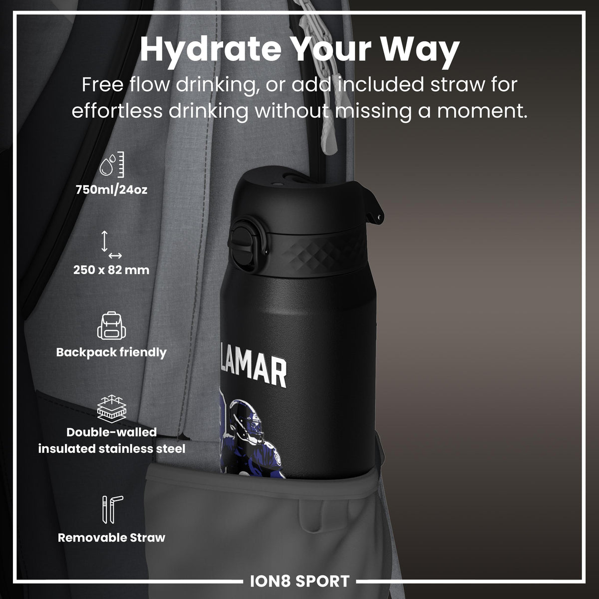 NFLPA x ION8, Insulated Bottle, Locked In Series, Lamar Jackson, 750ml (24oz)