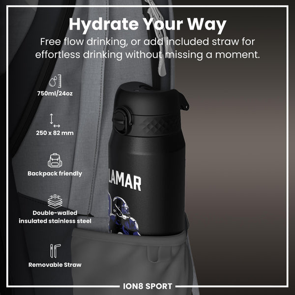 NFLPA x ION8, Insulated Bottle, Locked In Series, Lamar Jackson, 750ml (24oz)