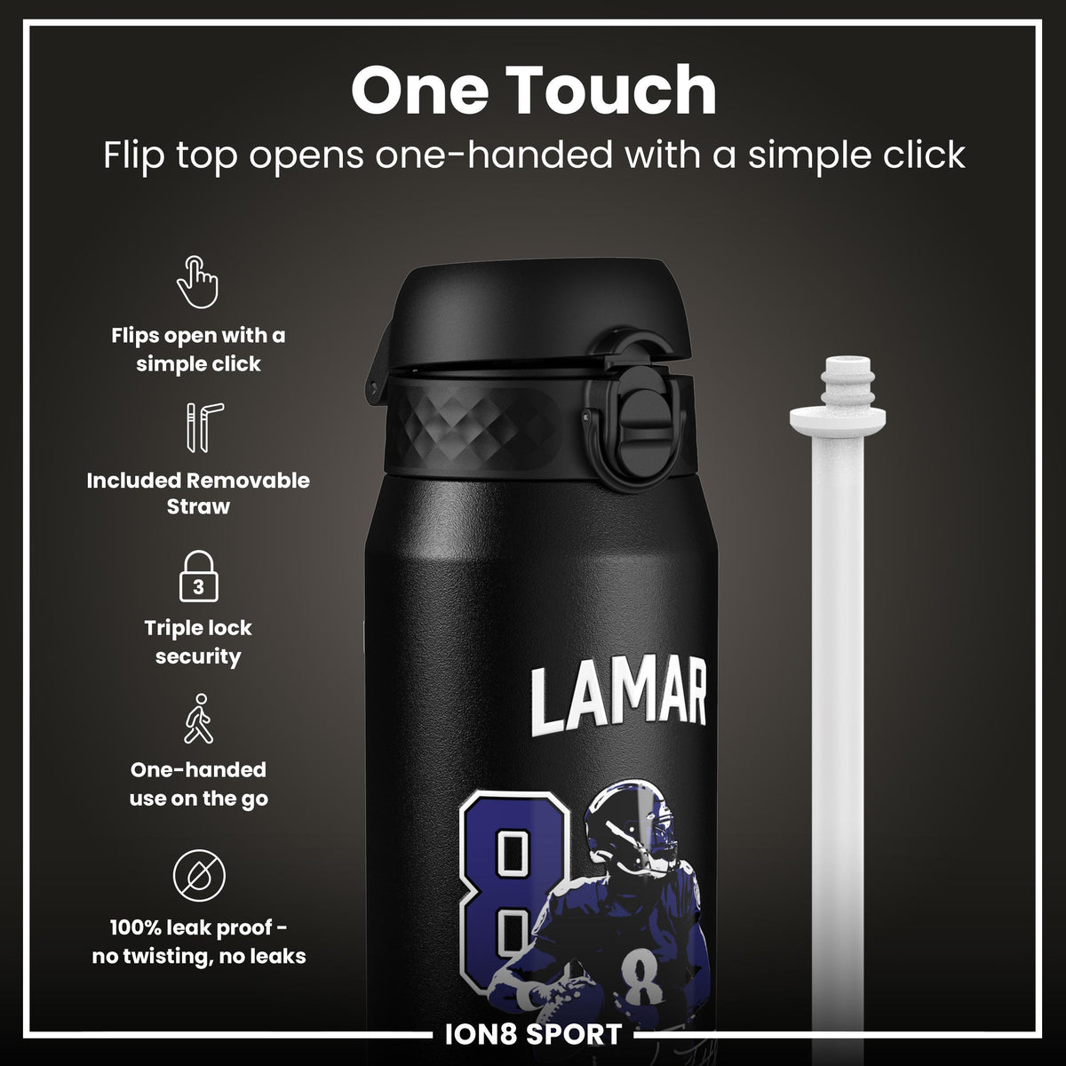 NFLPA x ION8, Insulated Bottle, Locked In Series, Lamar Jackson, 750ml (24oz)