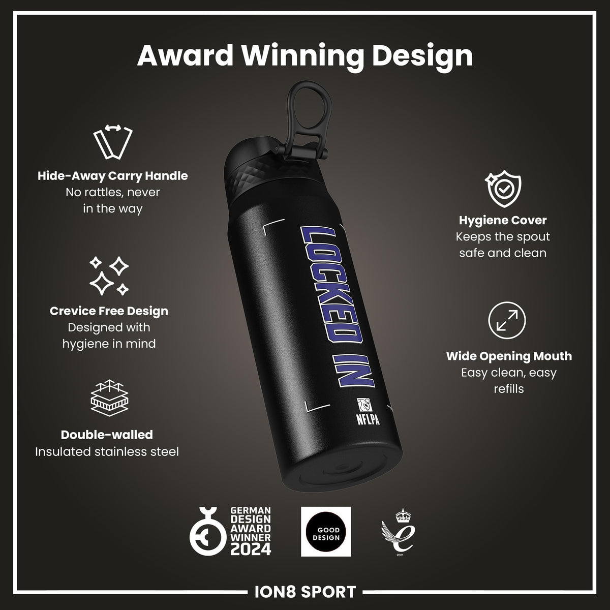NFLPA x ION8, Insulated Bottle, Locked In Series, Lamar Jackson, 750ml (24oz)