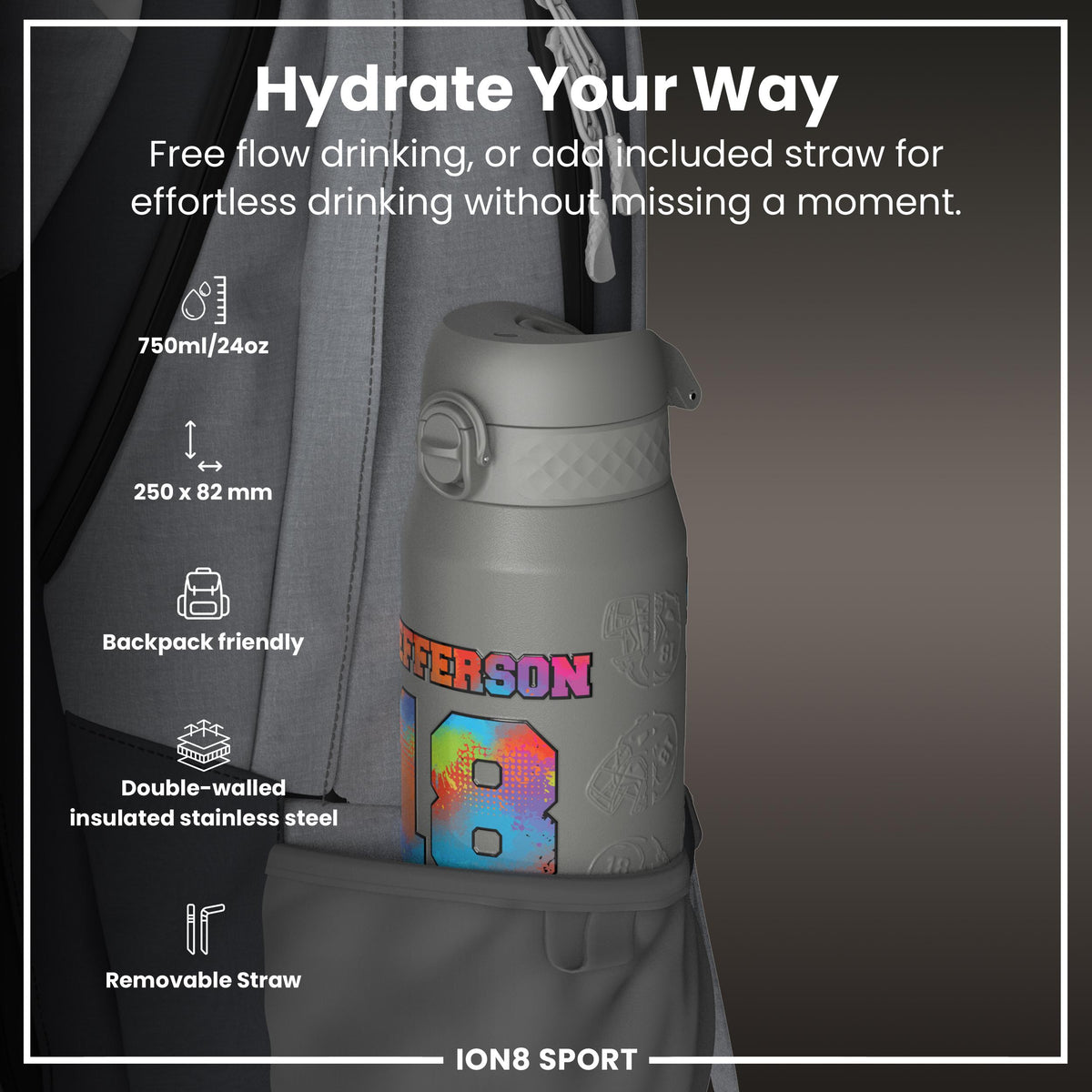 NFLPA x ION8, Insulated Bottle, Signature Series, Justin Jefferson, 750ml (24oz)