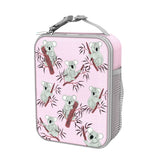 Lunchbox with koala illustrations holding branches on a pink background equipped with a gray handle and side mesh pocket suitable for carrying food in style