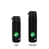 Two black water bottles stand upright on a white background with flip-top lids; each features a green checkmark and the text 