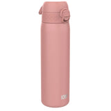A pink water bottle with a flip-top lid stands upright against a white background. The text 