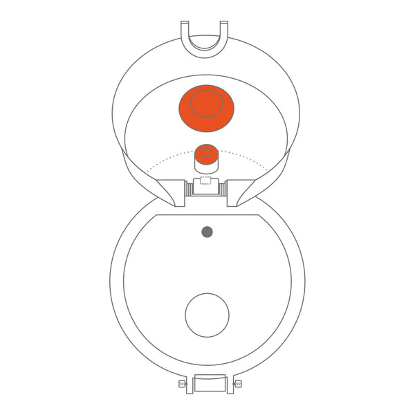 Diagram of a toilet bowl with lid open displaying internal flushing mechanism structure and components highlighted in orange viewed from above against a plain white background