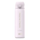 A white water bottle stands upright displaying customizable text “Name Here or Here ION8” against a plain background suggesting personalization options in a minimalist design.