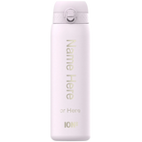 Water bottle standing upright feature white surface with text 