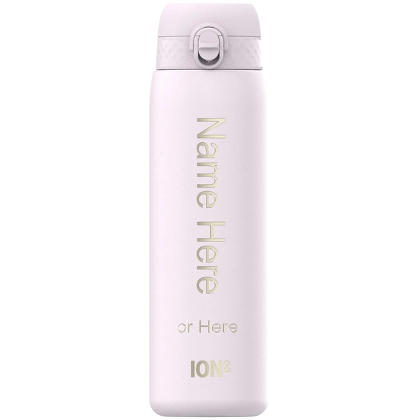 Water bottle standing upright feature white surface with text "Name Here or Here ION8" in gold letters context plain background