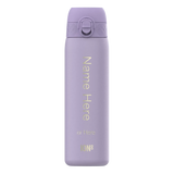 Purple water bottle with a lid and flip-top mechanism standing upright Text on the bottle reads Name Here or Here ION8 against a plain white background