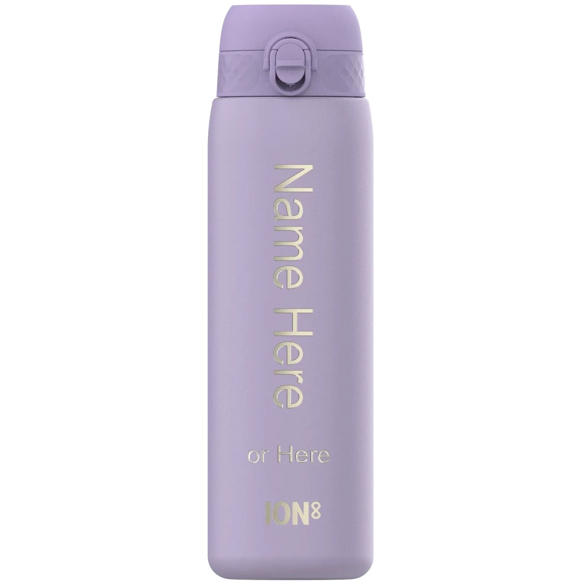 A lavender water bottle stands upright displaying text: "Name Here or Here ION8" situated in a plain white background.