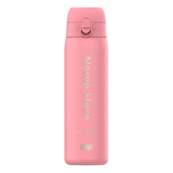 Pink insulated bottle standing upright displaying the text "Name Here or Here ION8" on its surface against a plain background