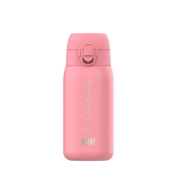 A pink insulated water bottle stands upright on a plain background. The bottle shows text "Name Here or Here ION8" vertically.
