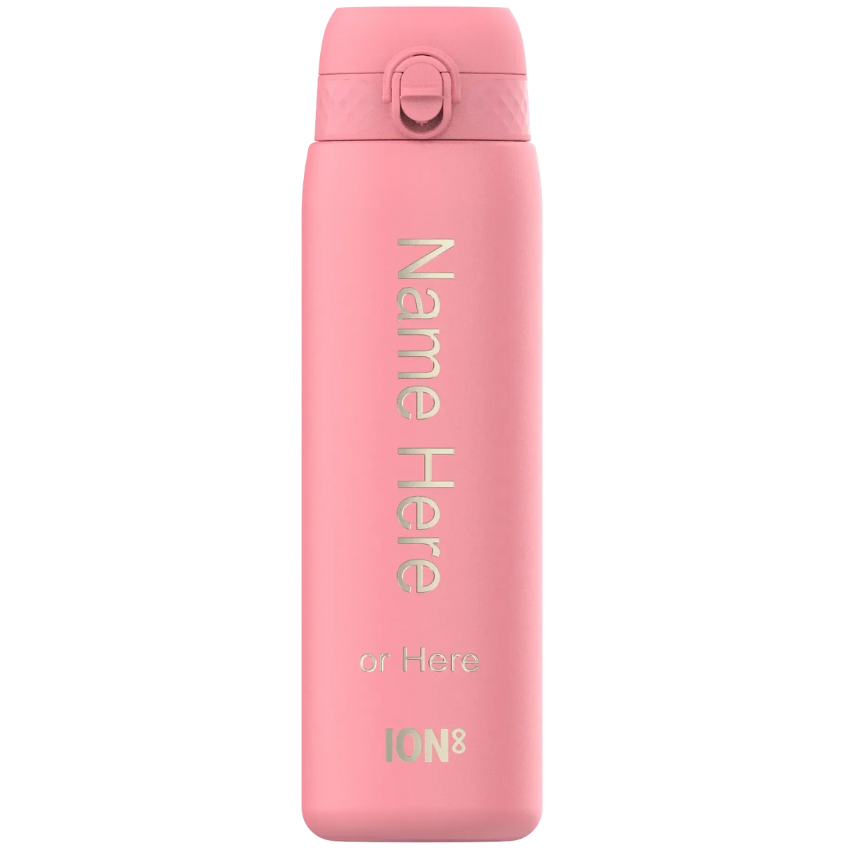 A pink reusable water bottle stands upright with text "Name Here or Here ION8" printed vertically in a plain white background