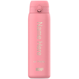 A pink reusable water bottle stands upright with text 