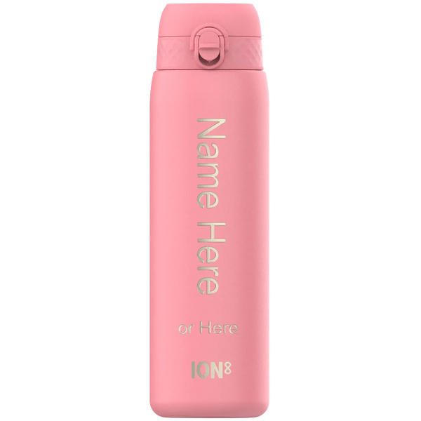 A pink reusable water bottle stands upright with text "Name Here or Here ION8" printed vertically in a plain white background
