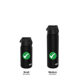 Two black water bottles with flip-top lids stand side by side on a white background both displaying a green check mark Small 320-400ml Medium 500-600ml labeled below with ION8 text