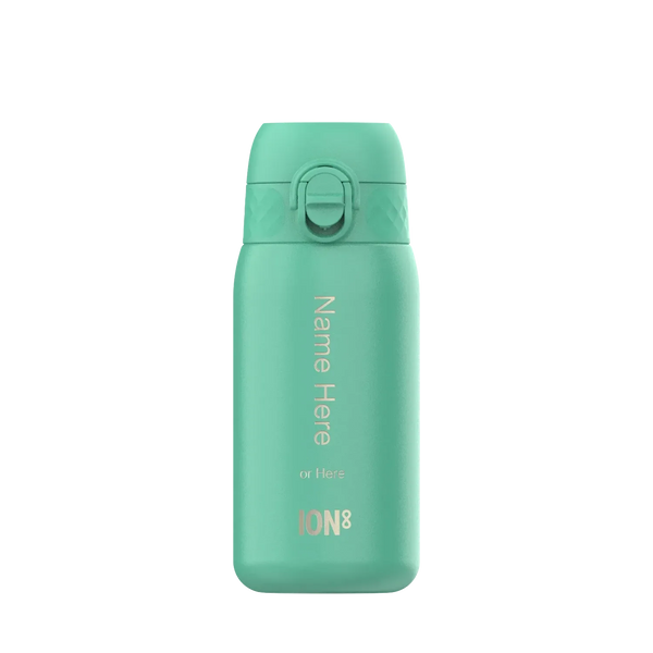 A teal water bottle with a flip-top lid stands upright Text reads Name Here or Here ION8 against a plain white background